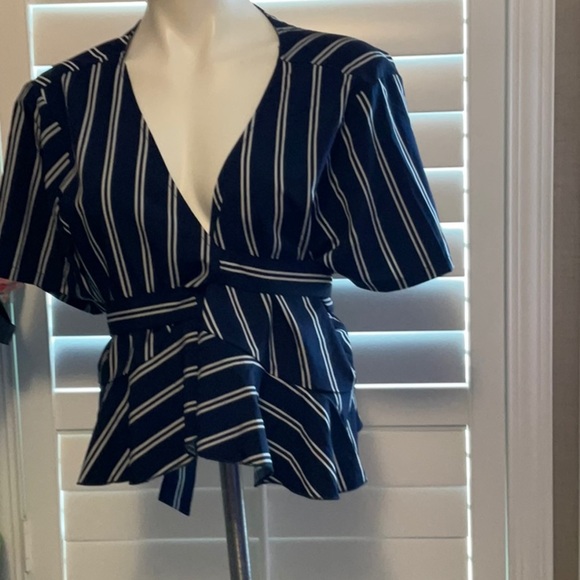 SHEIN Navy and White Striped Wrap Blouse - Picture 1 of 6
